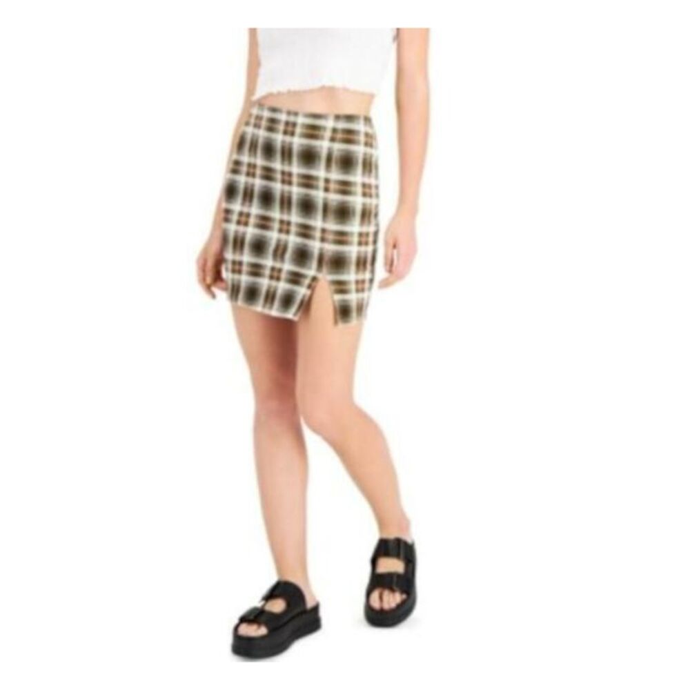 JUST POLLY Womens A-Line Short Skirt Green Slitted Plaid Unlined Juniors XL - Picture 1 of 1